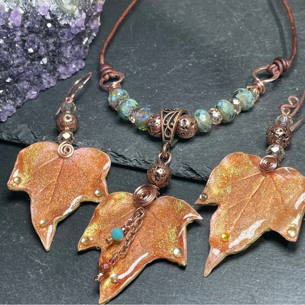 Autumn Leaf Jewelry Set Fairycore Earrings And Pendant | Artisan Jewelry